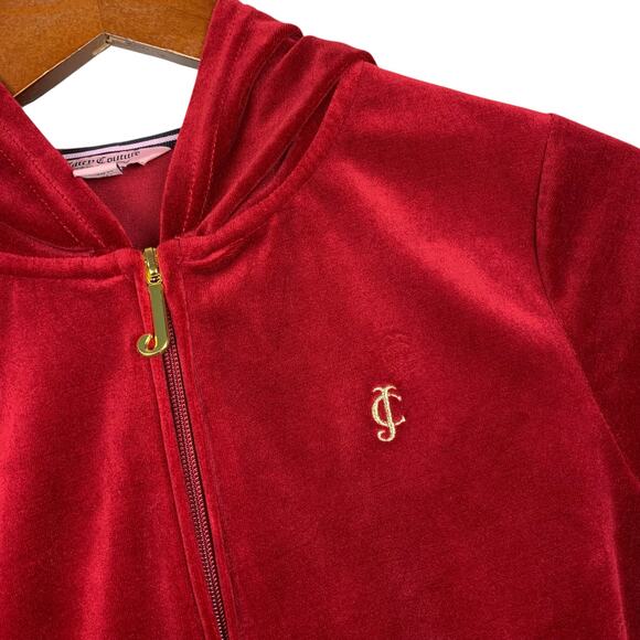 Juicy Couture Red Velvet Full Zip Hoodie Gold Logo Sweatshirt Kids Girls L 12-14 - Picture 3 of 8